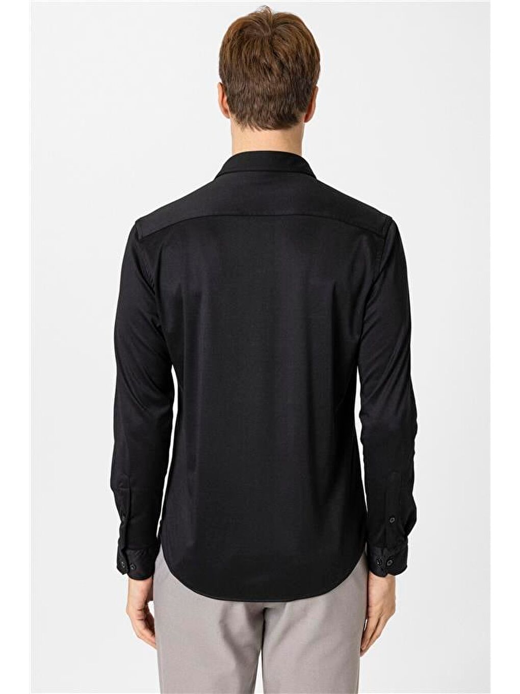 Siyah Slim Armürlü Düğmeli Yaka Gömlek-3