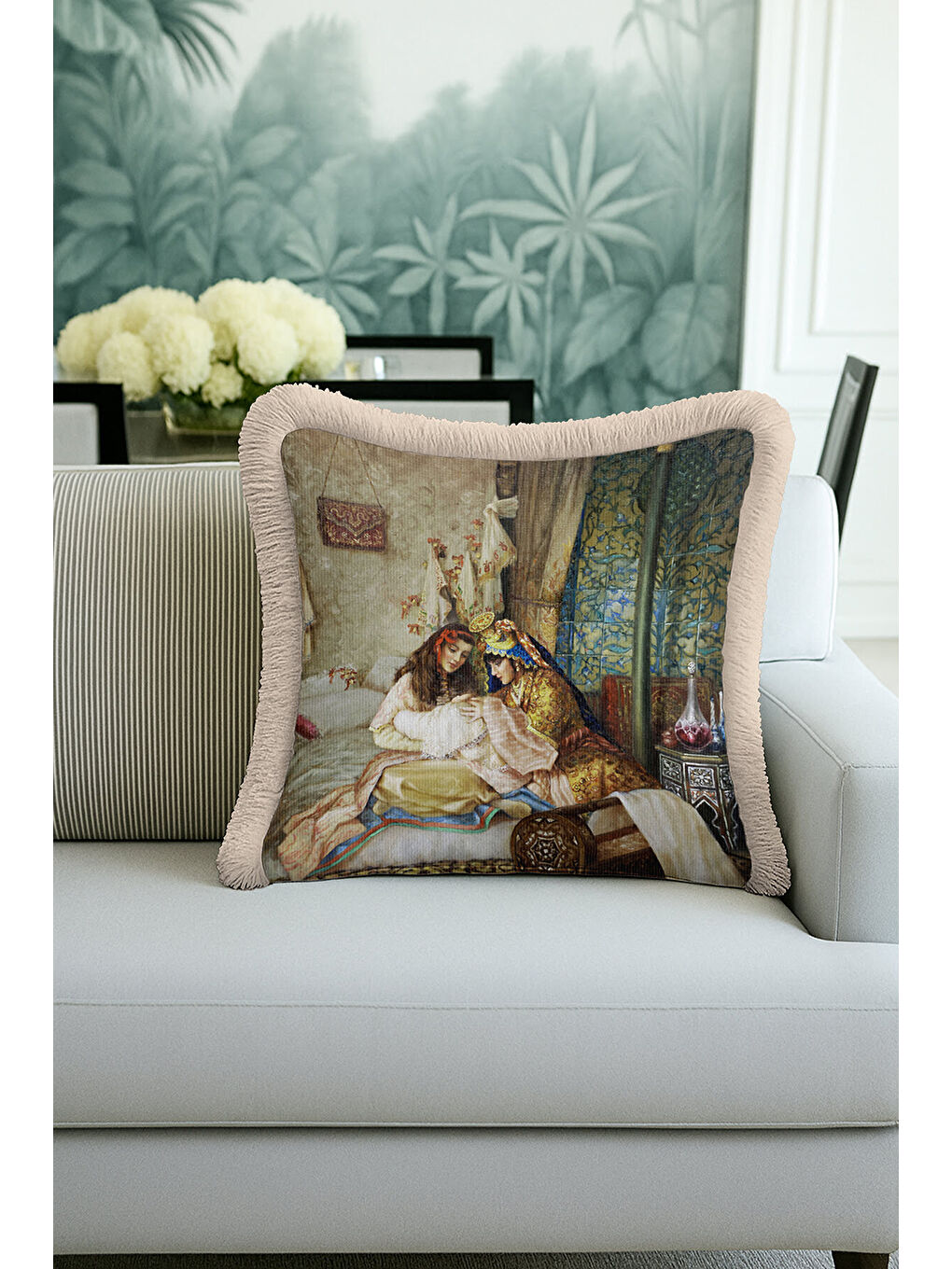 Karışık Saray İhtişamı Saçaklı Yastık Kılıfı - Osmanlı Dokunuşlu Klasik Bohem Bej Püsküllü Kırlent Kılıfı-2