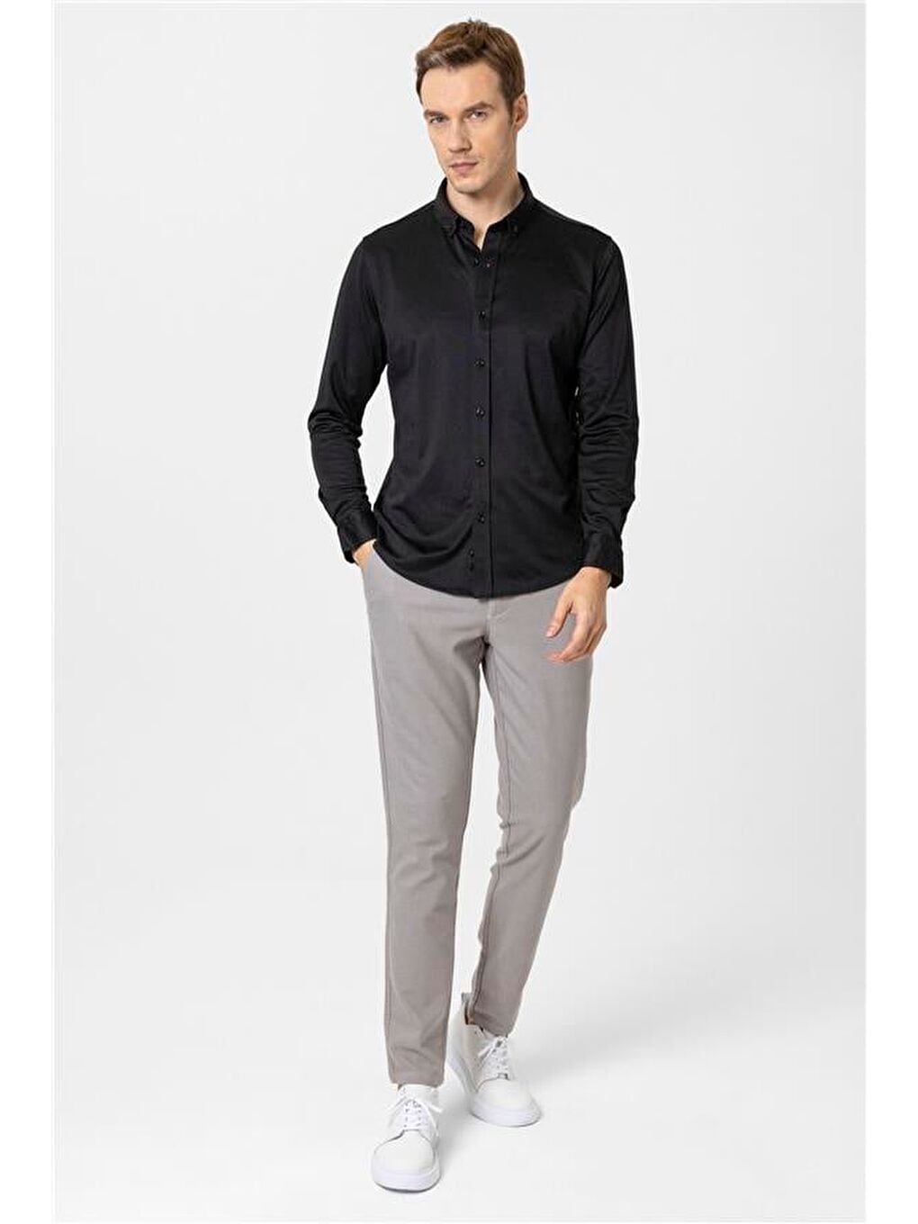 Siyah Slim Armürlü Düğmeli Yaka Gömlek-4