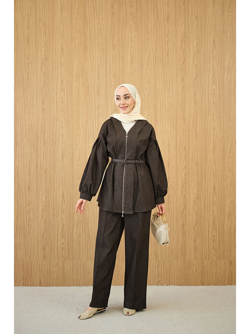 Kadın Beli Lastik Detay V Yaka Kemerli Takım Kahverengi-3