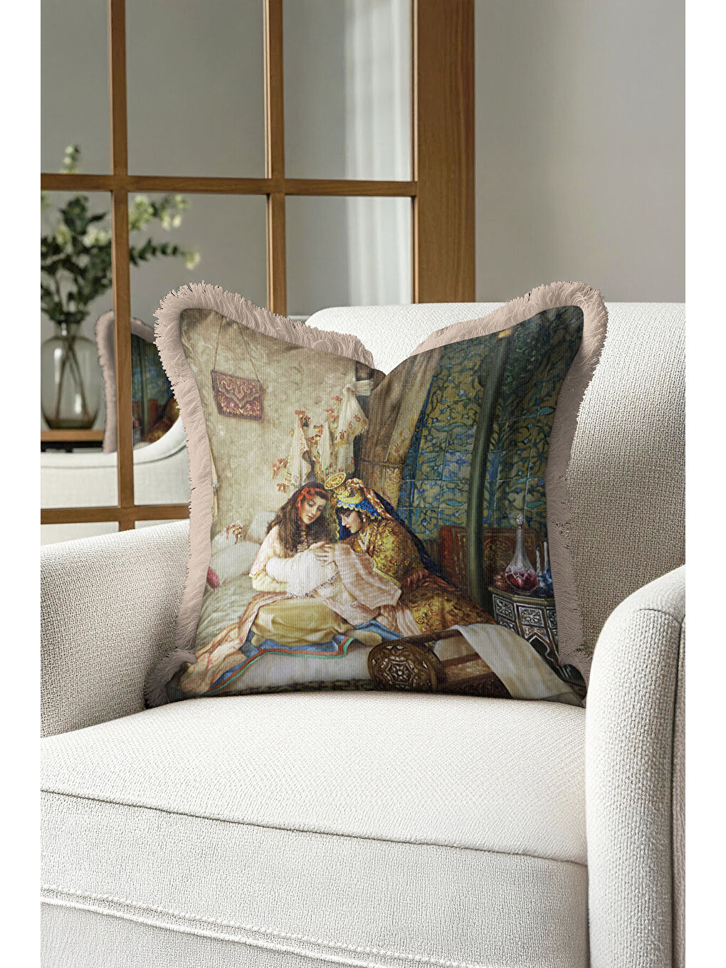 Karışık Saray İhtişamı Saçaklı Yastık Kılıfı - Osmanlı Dokunuşlu Klasik Bohem Bej Püsküllü Kırlent Kılıfı-3