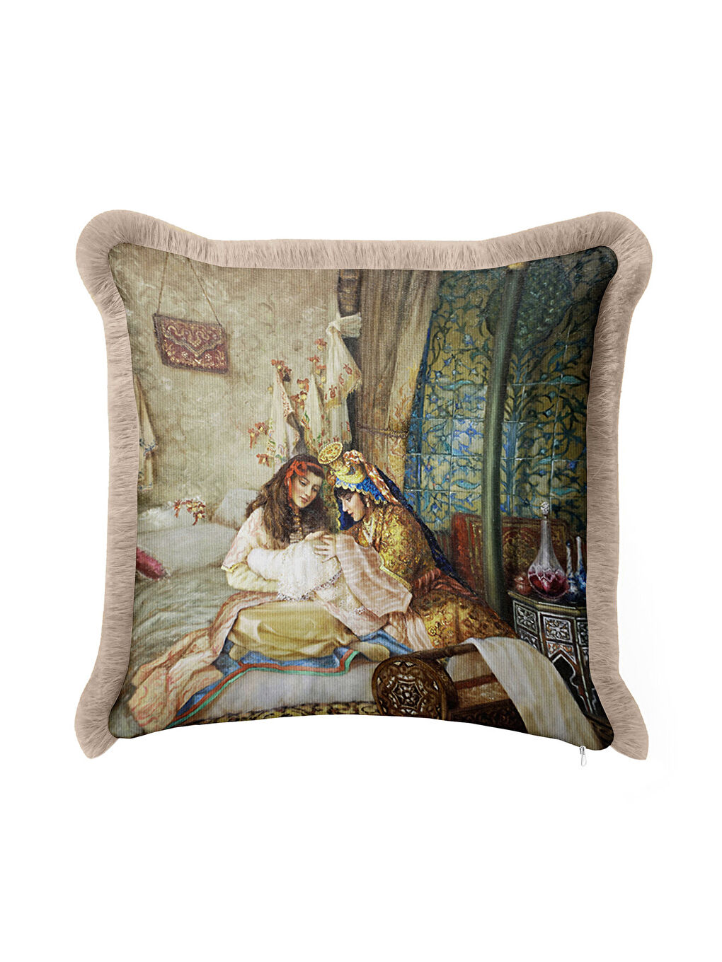 Karışık Saray İhtişamı Saçaklı Yastık Kılıfı - Osmanlı Dokunuşlu Klasik Bohem Bej Püsküllü Kırlent Kılıfı-4