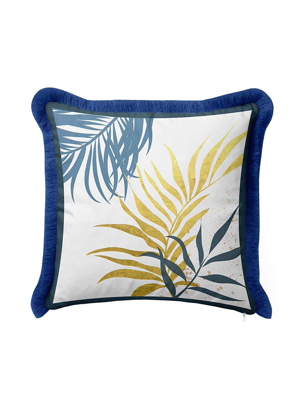 Karışık Tropikal Yapraklı Saçaklı Yastık Kılıfı - Doğal Bohem Mavi Altın Renkli Püsküllü Kırlent Kılıfı-3