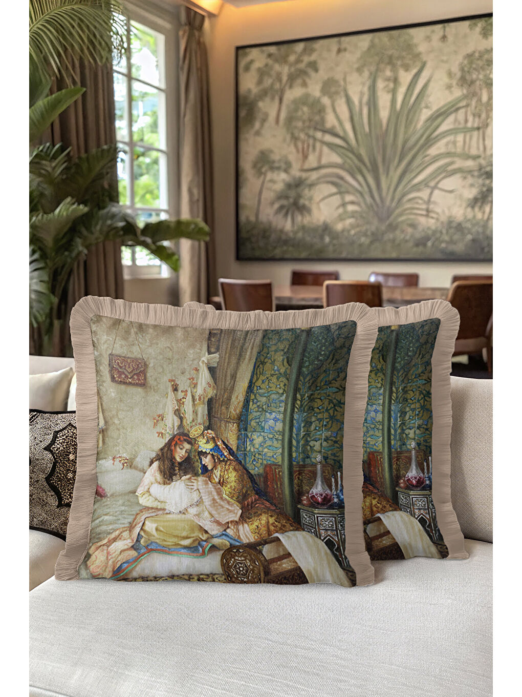 Karışık Saray İhtişamı Saçaklı Yastık Kılıfı - Osmanlı Dokunuşlu Klasik Bohem Bej Püsküllü Kırlent Kılıfı-5