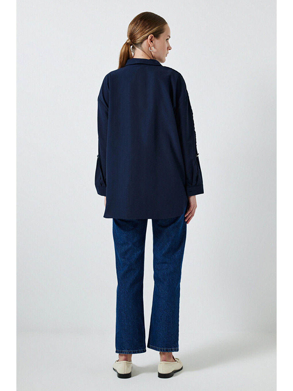 Lacivert Kolu Örgü İşlemeli Gömlek-3