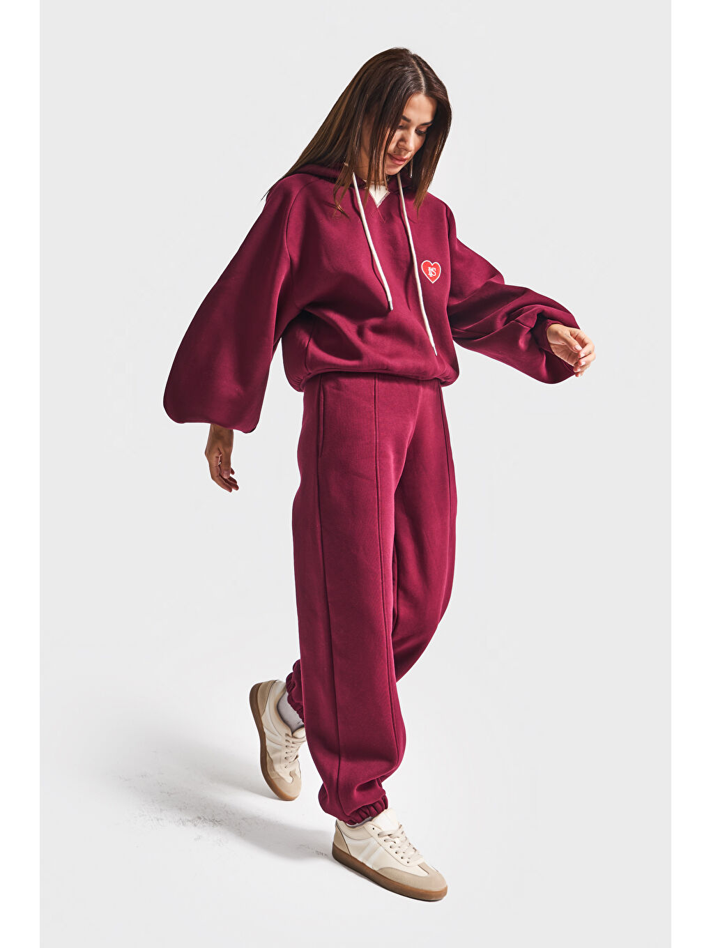 Kadın Bordo Renk w5-35 Örme Kumaş Bol Kesim Alt Üst 2'li Kombin Eşofman Takım