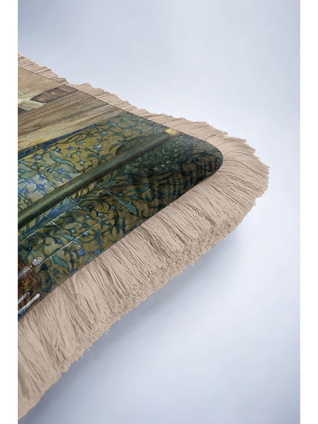 Karışık Saray İhtişamı Saçaklı Yastık Kılıfı - Osmanlı Dokunuşlu Klasik Bohem Bej Püsküllü Kırlent Kılıfı-6