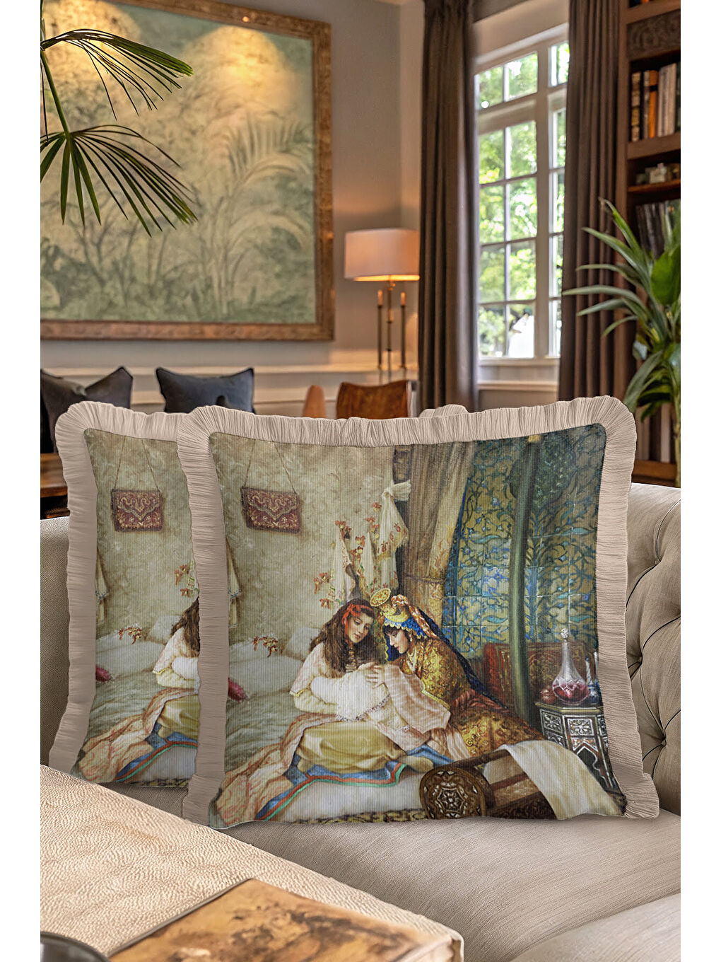 Karışık Saray İhtişamı Saçaklı Yastık Kılıfı - Osmanlı Dokunuşlu Klasik Bohem Bej Püsküllü Kırlent Kılıfı-7