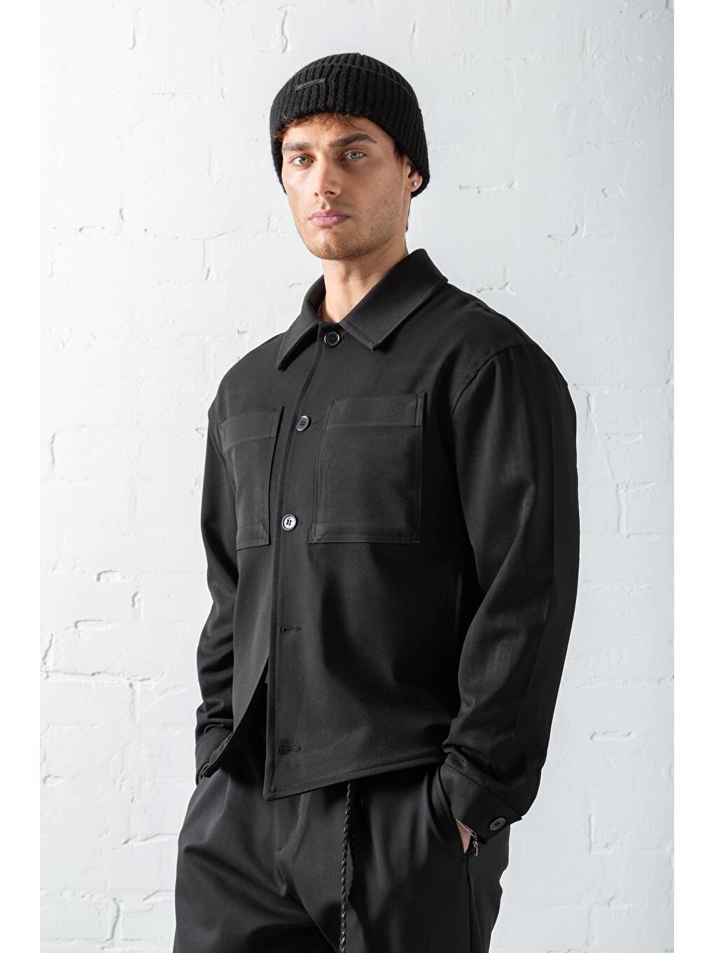 Erkek Boxy Fit Önü Cepli İnce Ceket Siyah