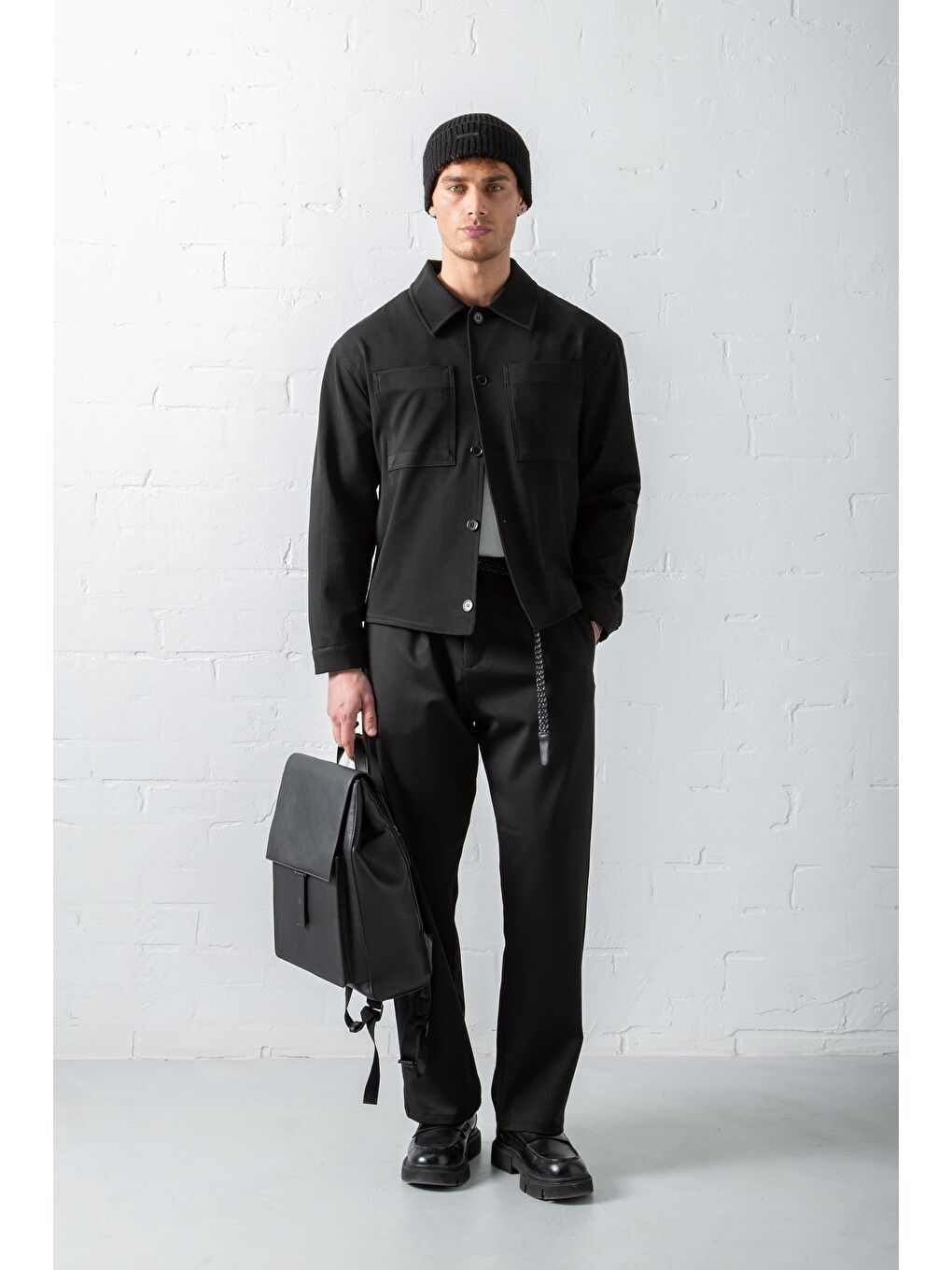 Erkek Boxy Fit Önü Cepli İnce Ceket Siyah-1