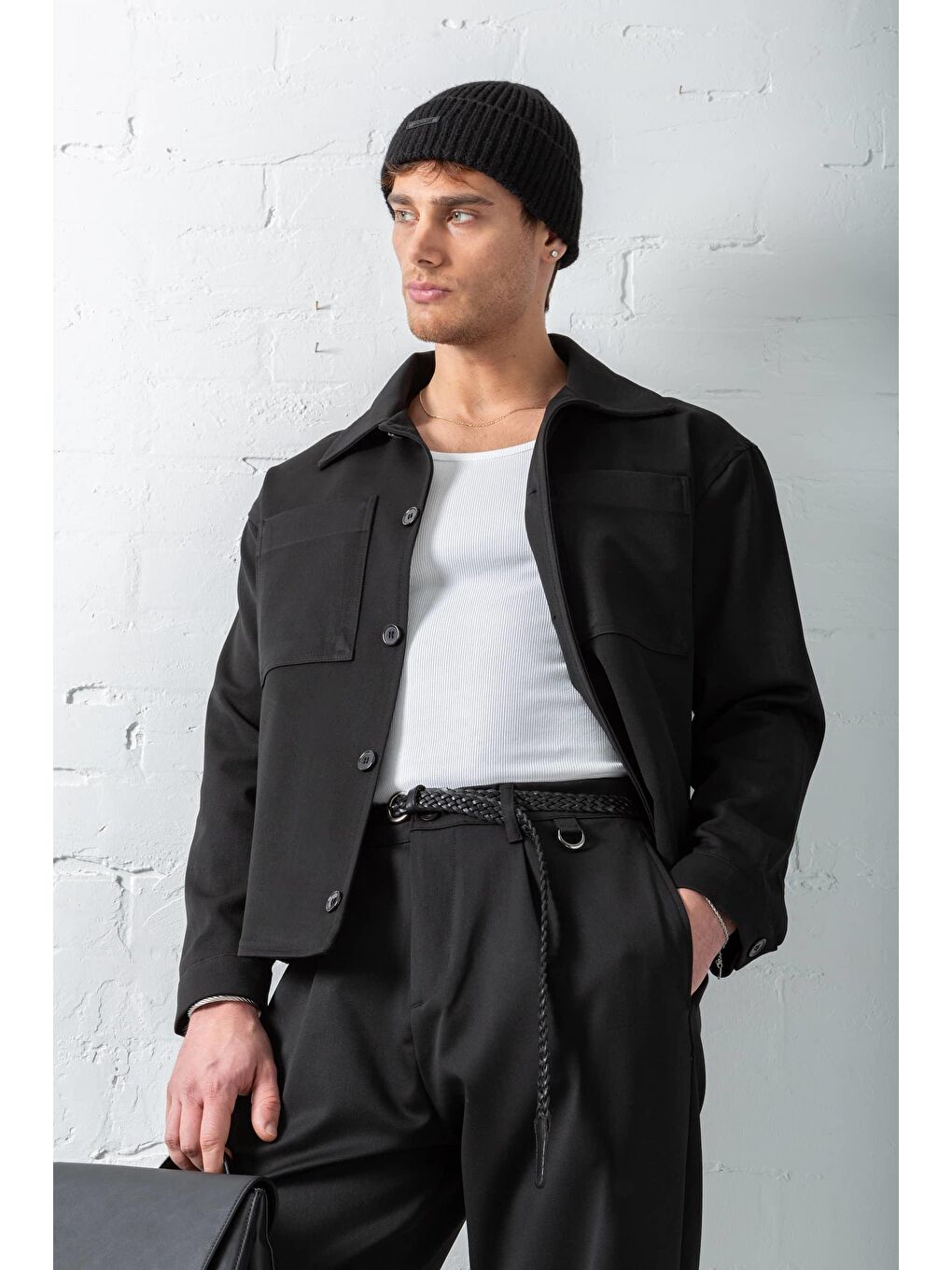 Erkek Boxy Fit Önü Cepli İnce Ceket Siyah-2