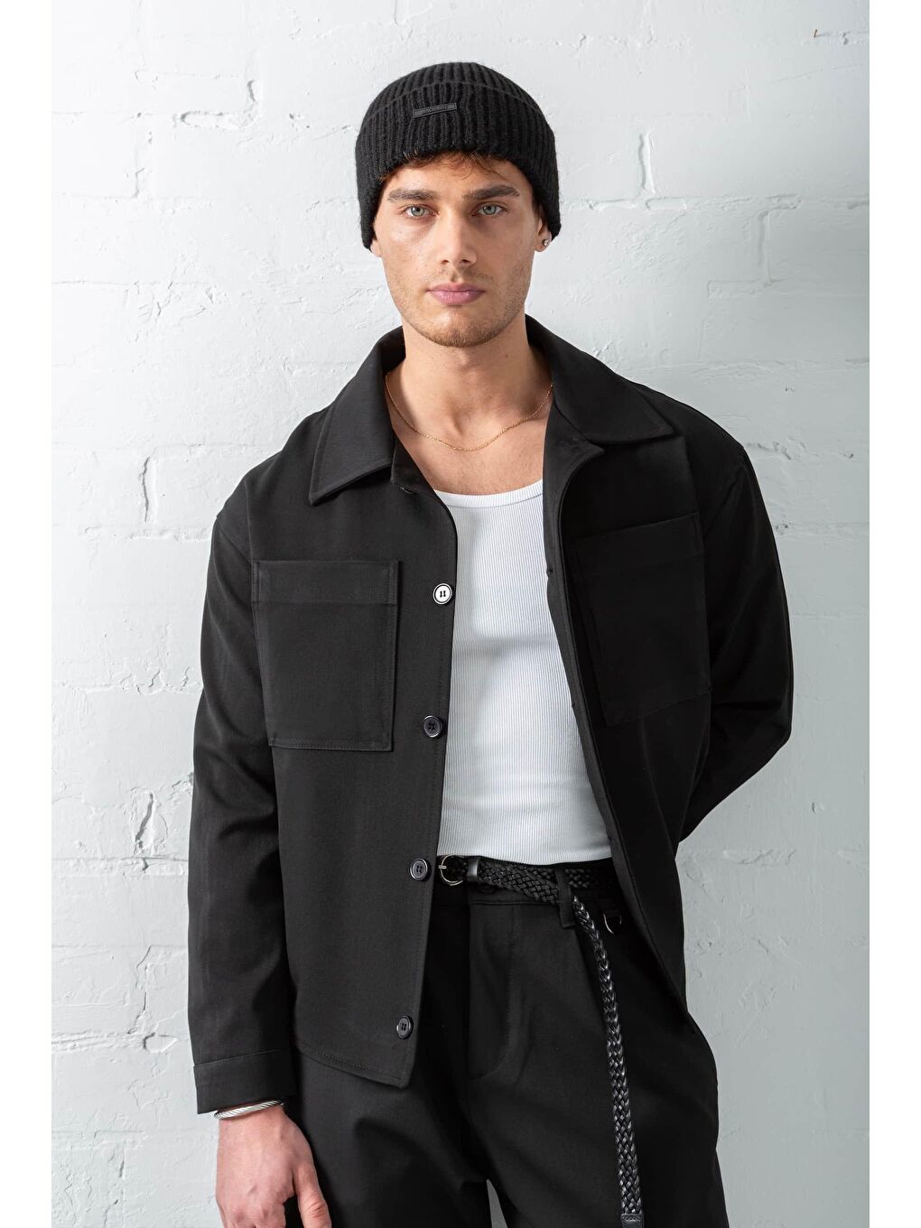 Erkek Boxy Fit Önü Cepli İnce Ceket Siyah-3