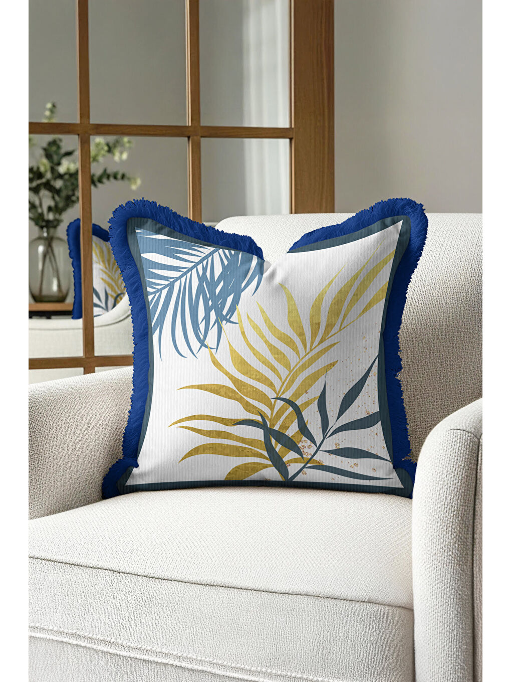 Karışık Tropikal Yapraklı Saçaklı Yastık Kılıfı - Doğal Bohem Mavi Altın Renkli Püsküllü Kırlent Kılıfı-4