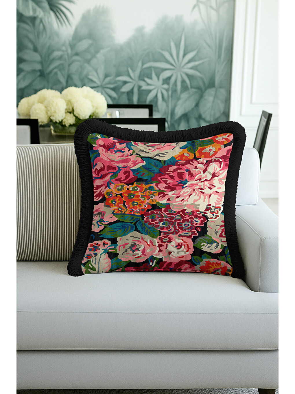 Karışık Vintage Çiçek Bahçesi Saçaklı Yastık Kılıfı - Canlı Bohem Pembe Yeşil Siyah Püsküllü Kırlent Kılıfı
