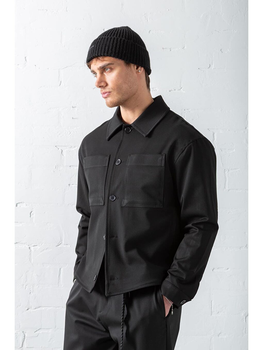 Erkek Boxy Fit Önü Cepli İnce Ceket Siyah-4