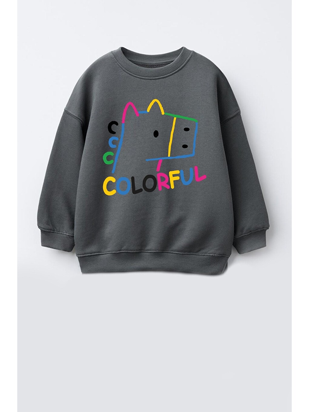 Antrasit Kız Çocuk 3 İplik Kumaş Pamuklu Baskılı Sweatshirt