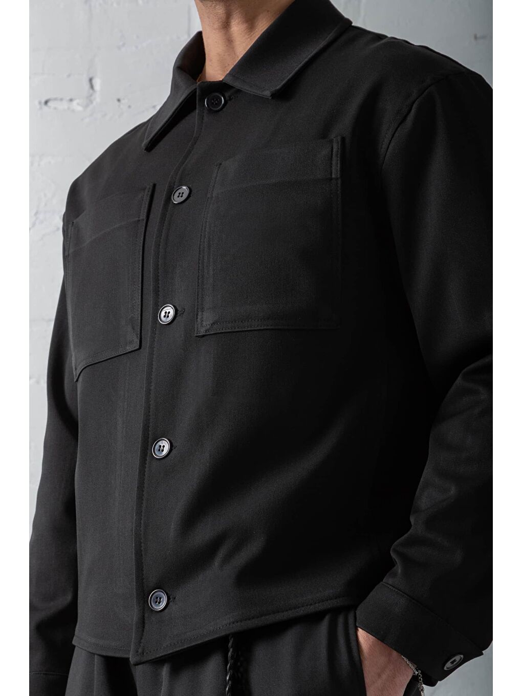 Erkek Boxy Fit Önü Cepli İnce Ceket Siyah-5