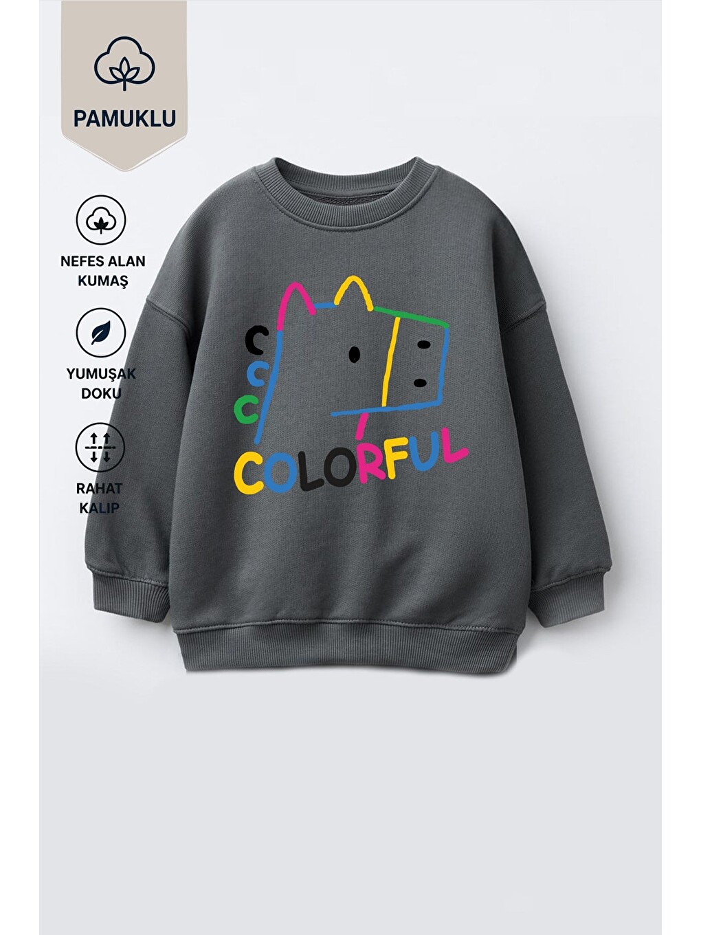 Antrasit Kız Çocuk 3 İplik Kumaş Pamuklu Baskılı Sweatshirt-2