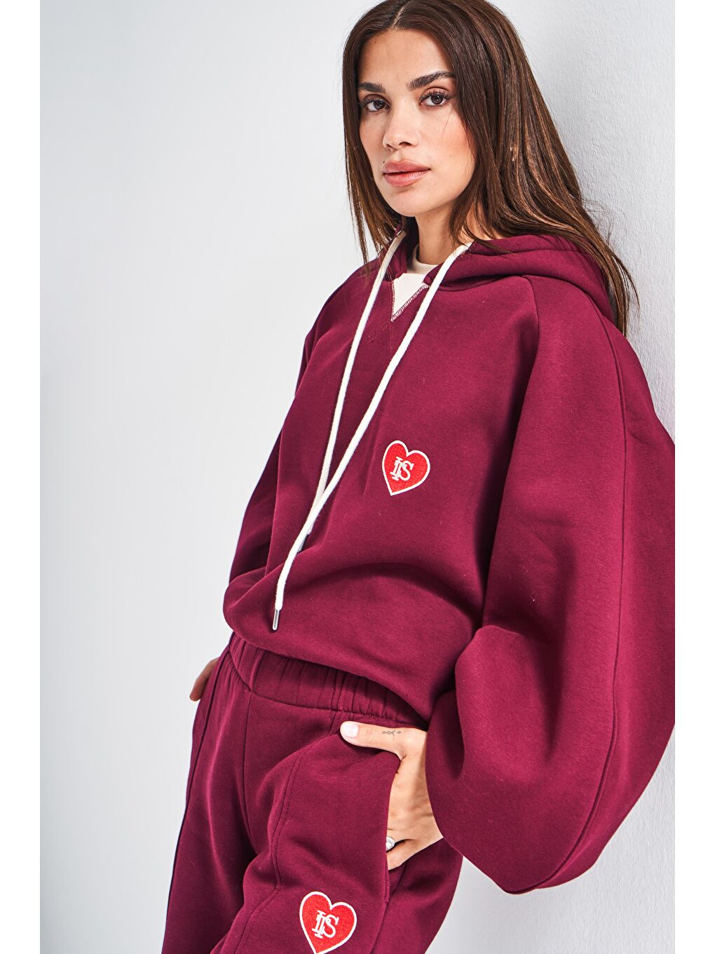 Kadın Bordo Renk w5-35 Örme Kumaş Bol Kesim Alt Üst 2'li Kombin Eşofman Takım-1