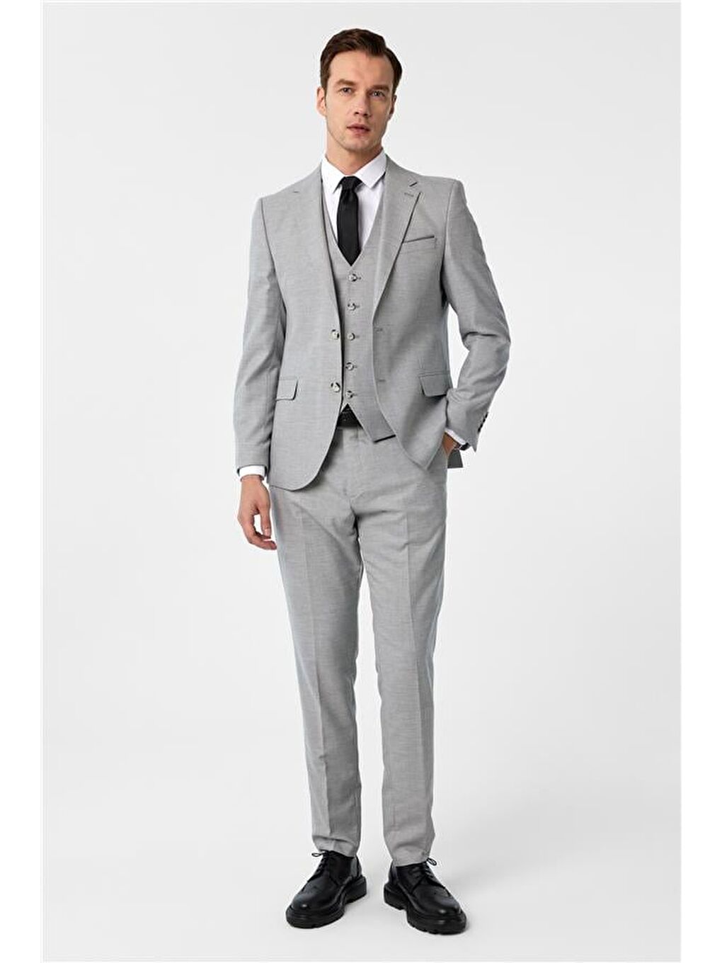 Gri Slim Desenli Mono Yaka 6 Drop Yelekli Takım Elbise-1