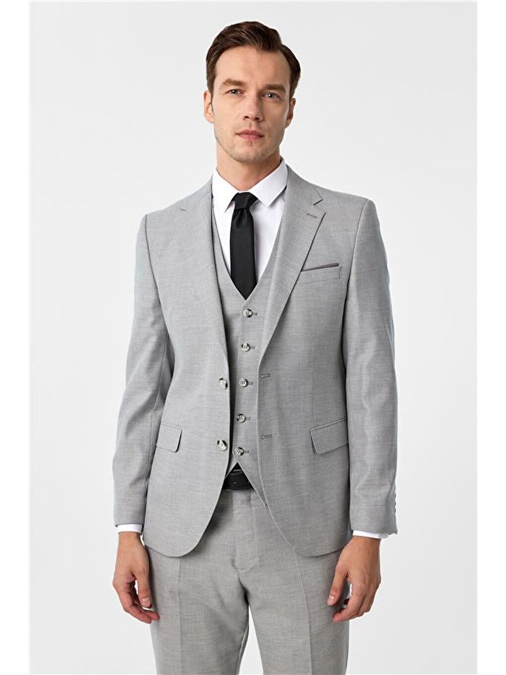 Gri Slim Desenli Mono Yaka 6 Drop Yelekli Takım Elbise-2