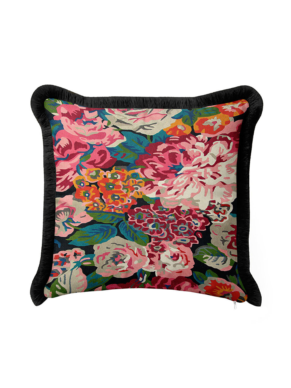 Karışık Vintage Çiçek Bahçesi Saçaklı Yastık Kılıfı - Canlı Bohem Pembe Yeşil Siyah Püsküllü Kırlent Kılıfı-2
