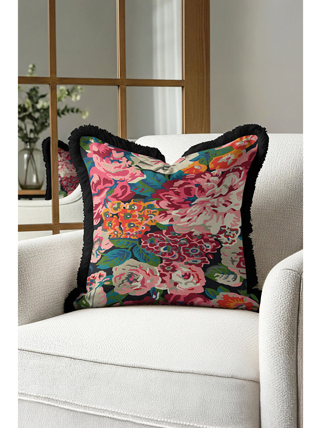 Karışık Vintage Çiçek Bahçesi Saçaklı Yastık Kılıfı - Canlı Bohem Pembe Yeşil Siyah Püsküllü Kırlent Kılıfı-3