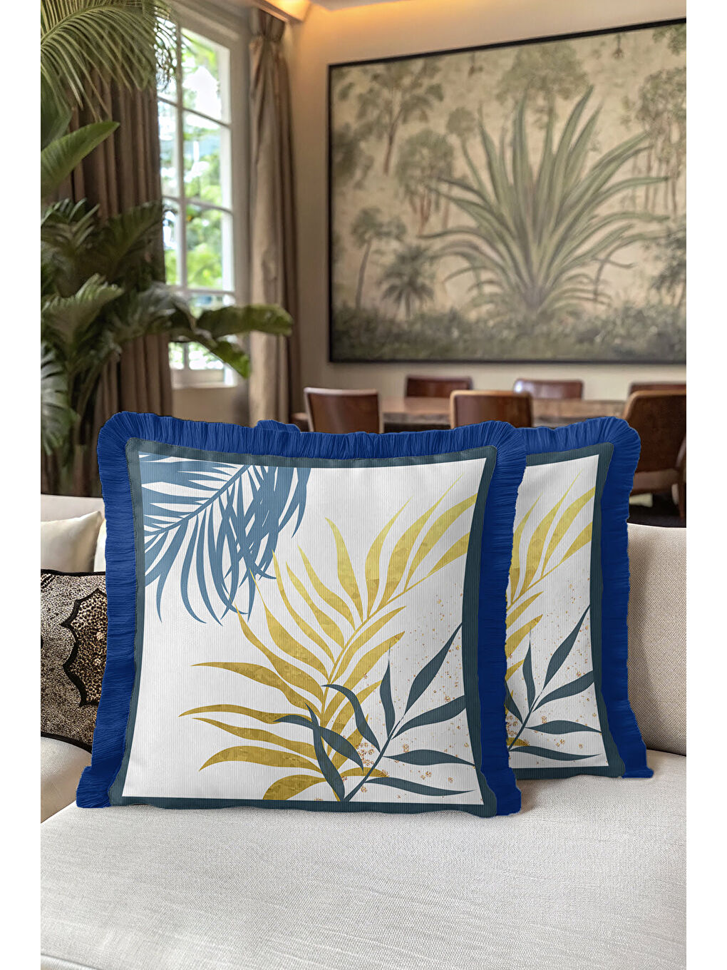 Karışık Tropikal Yapraklı Saçaklı Yastık Kılıfı - Doğal Bohem Mavi Altın Renkli Püsküllü Kırlent Kılıfı-5