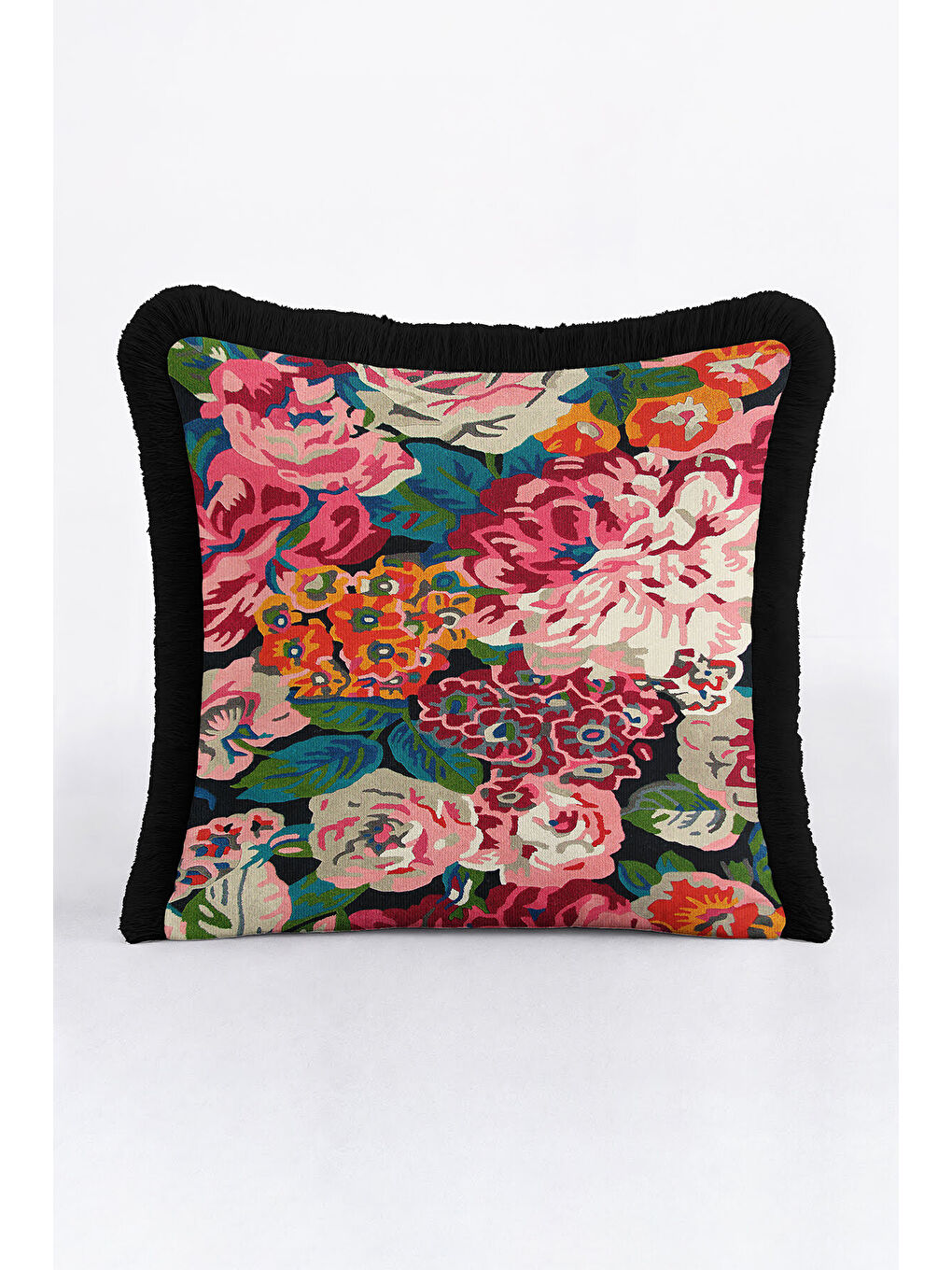 Karışık Vintage Çiçek Bahçesi Saçaklı Yastık Kılıfı - Canlı Bohem Pembe Yeşil Siyah Püsküllü Kırlent Kılıfı-4