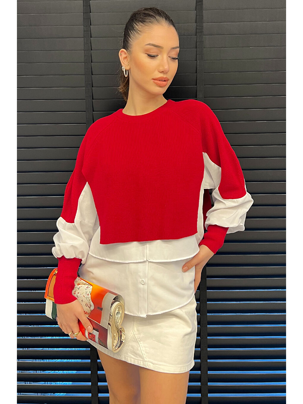 Kırmızı Gömlek Garnili Triko Kadın Bluz