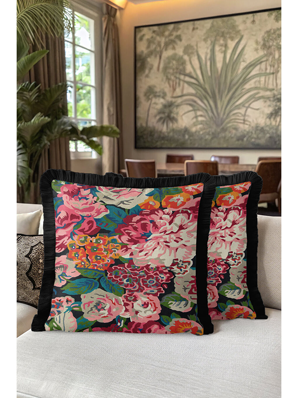 Karışık Vintage Çiçek Bahçesi Saçaklı Yastık Kılıfı - Canlı Bohem Pembe Yeşil Siyah Püsküllü Kırlent Kılıfı-5