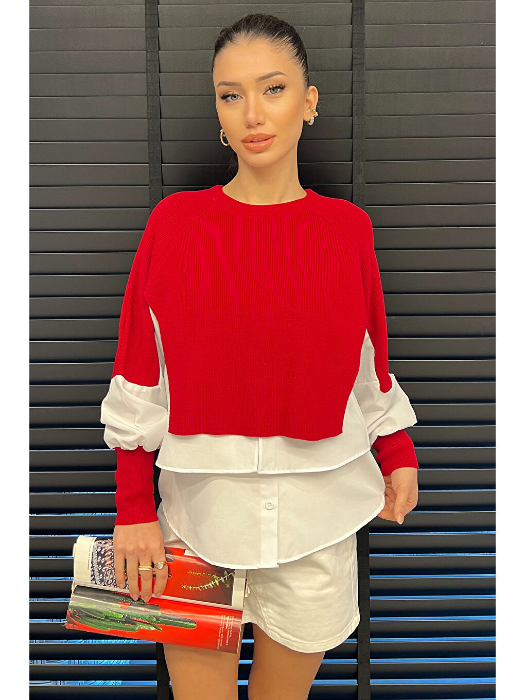 Kırmızı Gömlek Garnili Triko Kadın Bluz-1