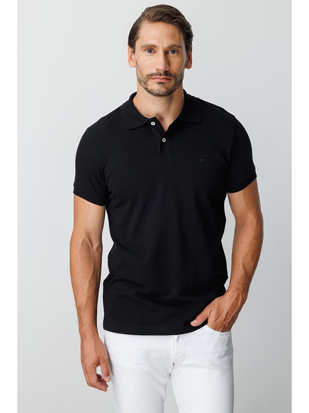 Siyah Modern Fit Dar Kalıp Polo Yaka Düz Kısa Kollu %100 Pamuk Tişört