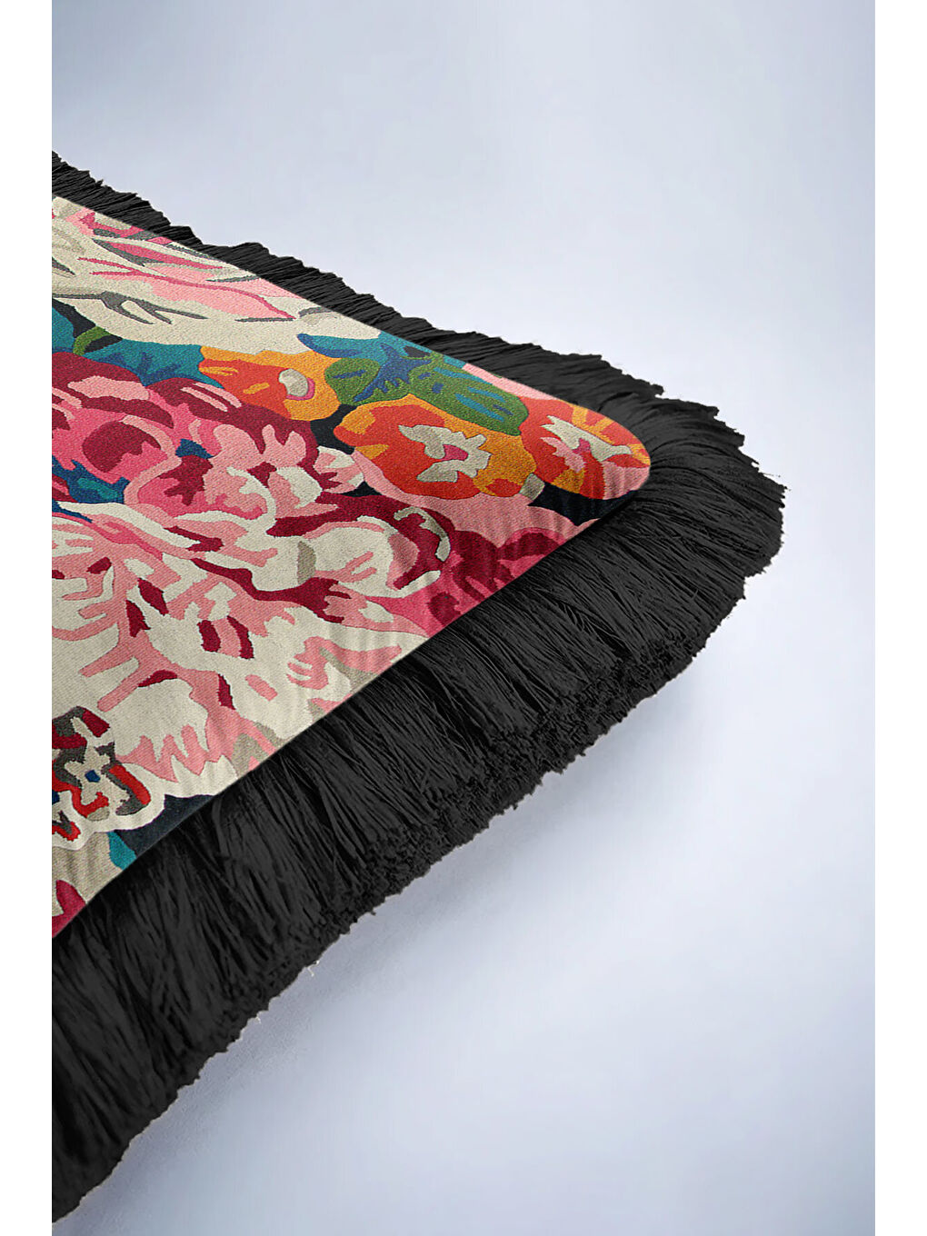 Karışık Vintage Çiçek Bahçesi Saçaklı Yastık Kılıfı - Canlı Bohem Pembe Yeşil Siyah Püsküllü Kırlent Kılıfı-6