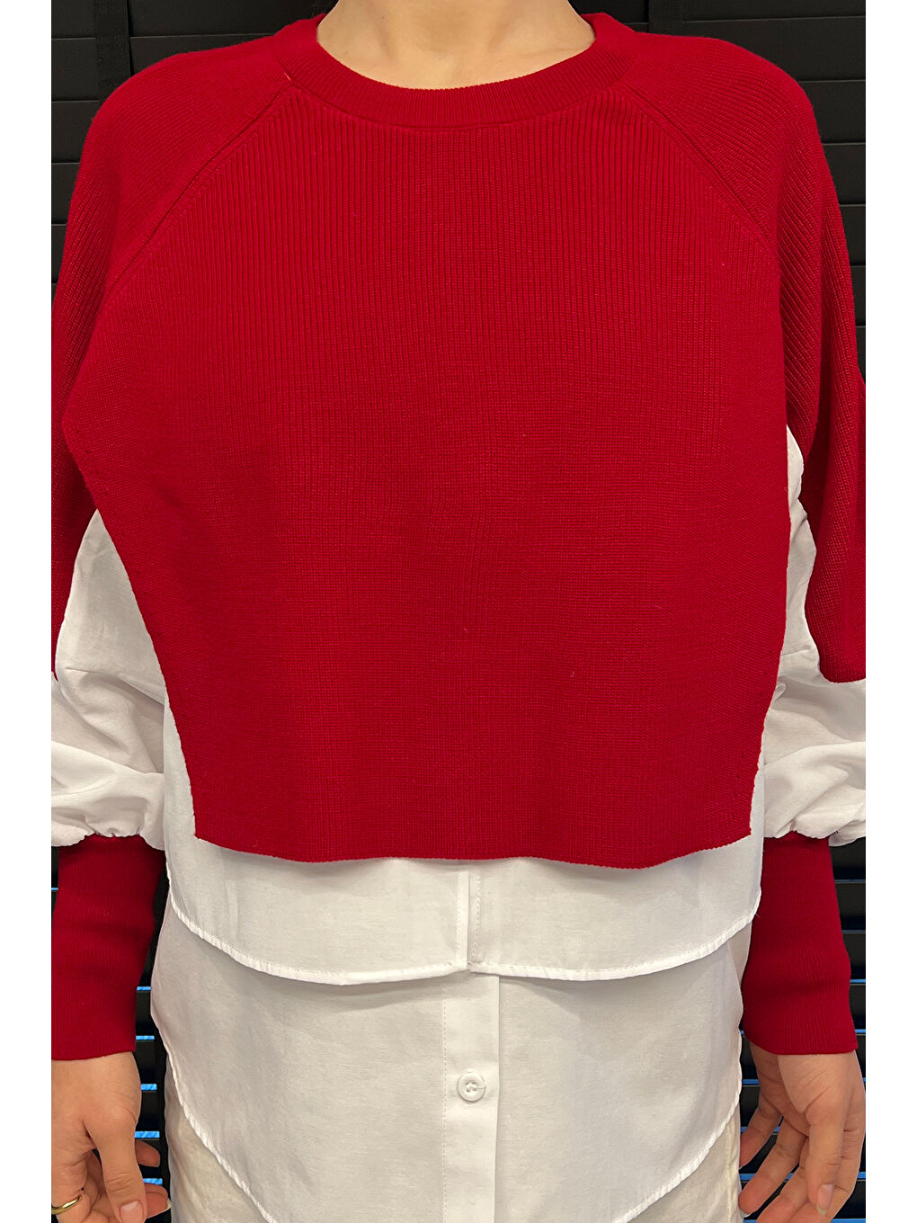 Kırmızı Gömlek Garnili Triko Kadın Bluz-2