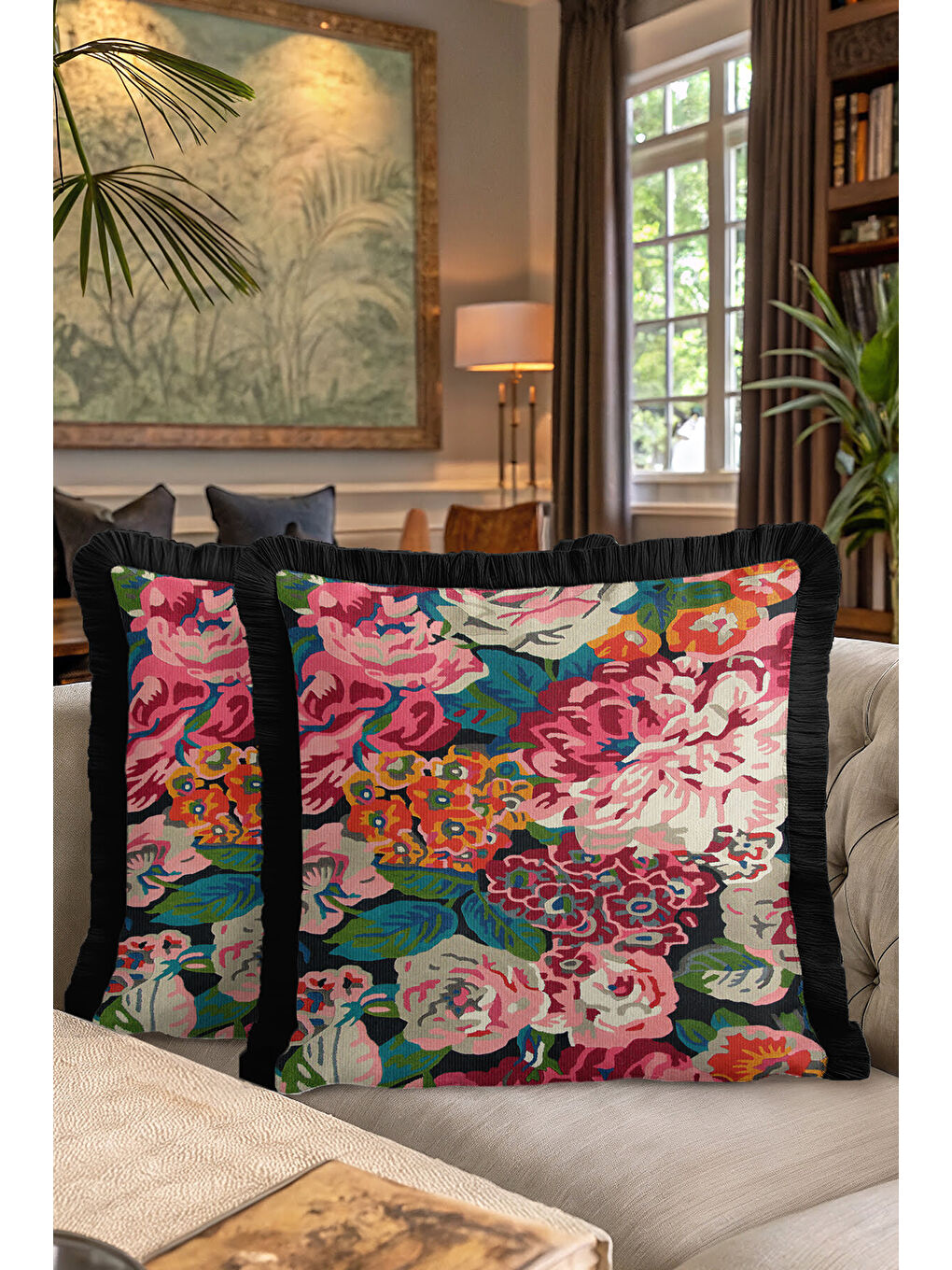 Karışık Vintage Çiçek Bahçesi Saçaklı Yastık Kılıfı - Canlı Bohem Pembe Yeşil Siyah Püsküllü Kırlent Kılıfı-7