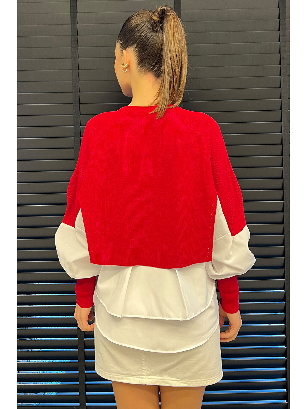Kırmızı Gömlek Garnili Triko Kadın Bluz-3