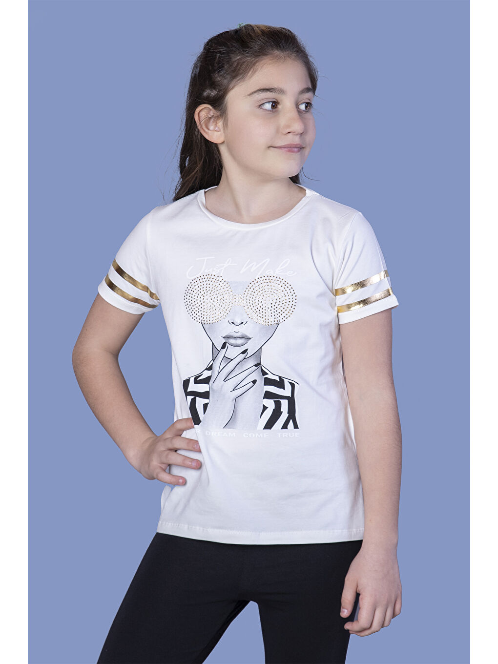 Ekru Kız Çocuk Baskılı Taş İşlemeli Arkası Tül Detaylı Tişört