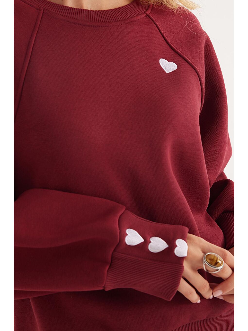 Kadın Regular Fit Klasik Kesim %100 Pamuk Baskılı Bisiklet Yaka Bordo Sweatshirt-2