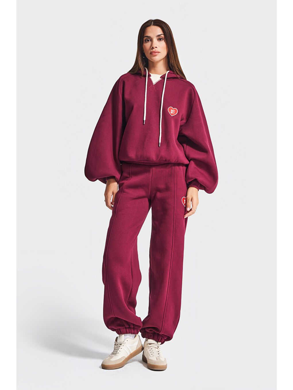 Kadın Bordo Renk w5-35 Örme Kumaş Bol Kesim Alt Üst 2'li Kombin Eşofman Takım-4