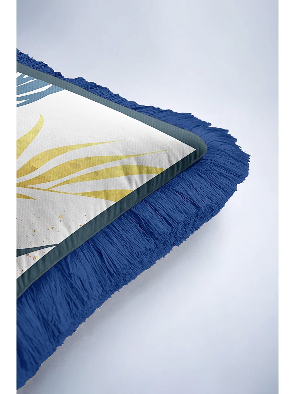 Karışık Tropikal Yapraklı Saçaklı Yastık Kılıfı - Doğal Bohem Mavi Altın Renkli Püsküllü Kırlent Kılıfı-6