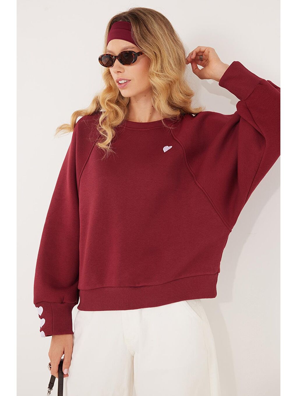 Kadın Regular Fit Klasik Kesim %100 Pamuk Baskılı Bisiklet Yaka Bordo Sweatshirt-3
