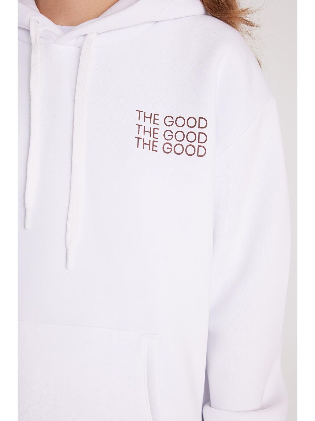 Kadın Oversize Geniş Kesim Pamuklu Yumuşak Dokulu İçi Polarlı Baskılı Beyaz Kapüşonlu Sweatshirt-2