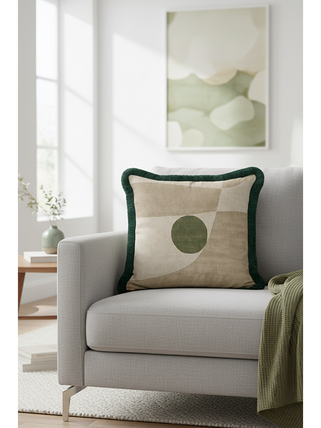 Karışık Modern Geometrik Saçaklı Yastık Kılıfı - Minimalist Doğal Yeşil Rustik Püsküllü Kırlent Kılıfı-1