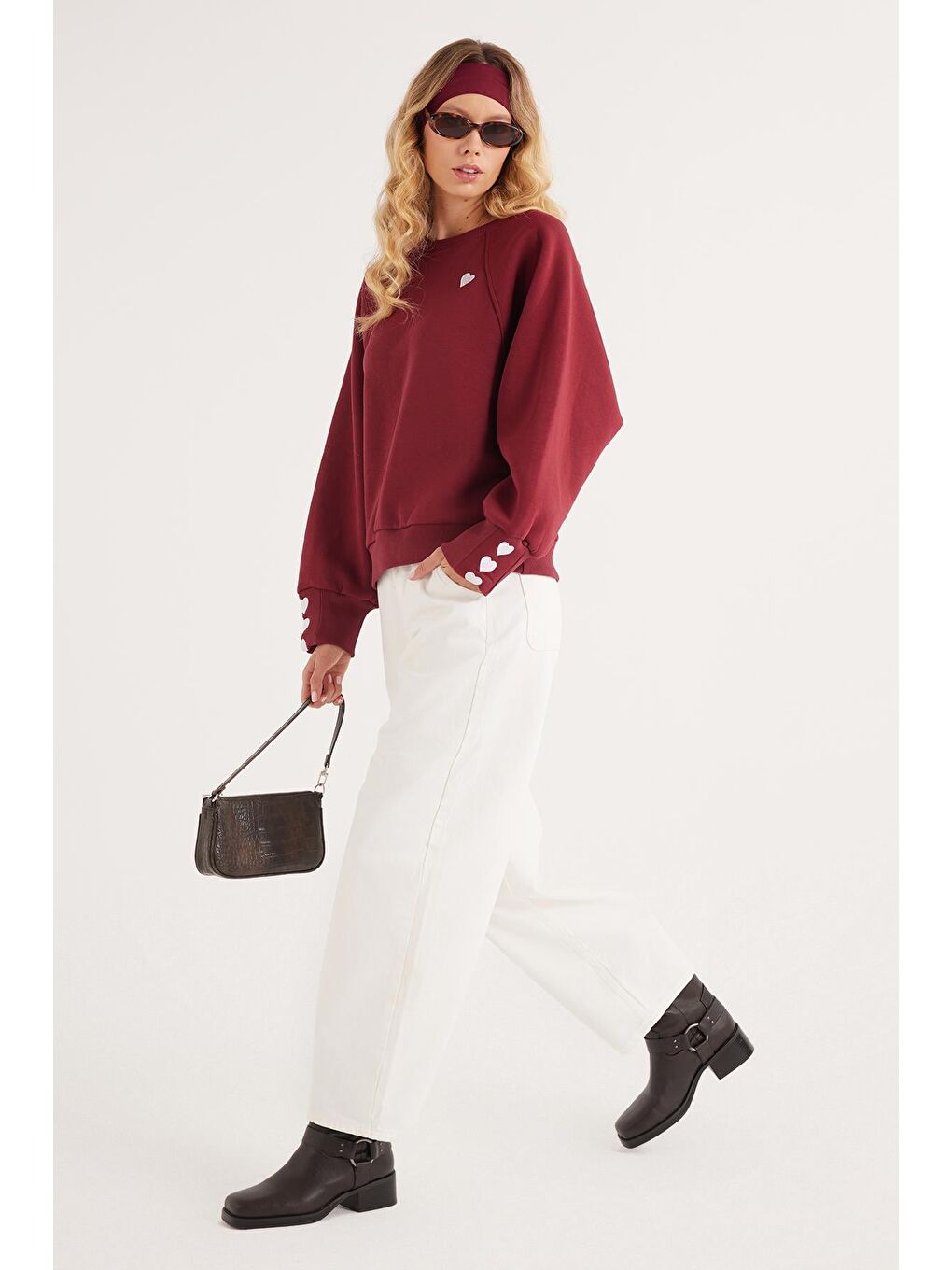 Kadın Regular Fit Klasik Kesim %100 Pamuk Baskılı Bisiklet Yaka Bordo Sweatshirt-4