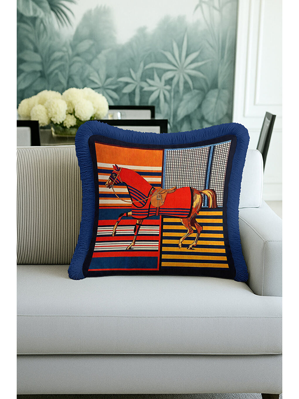 Karışık Büyük At Figürlü Saçaklı Yastık Kılıfı-Canlı Lüks Eklektik Temalı Lacivert Püsküllü Kırlent Kılıfı-1