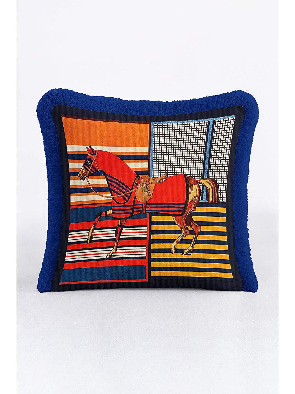 Karışık Büyük At Figürlü Saçaklı Yastık Kılıfı-Canlı Lüks Eklektik Temalı Lacivert Püsküllü Kırlent Kılıfı-2