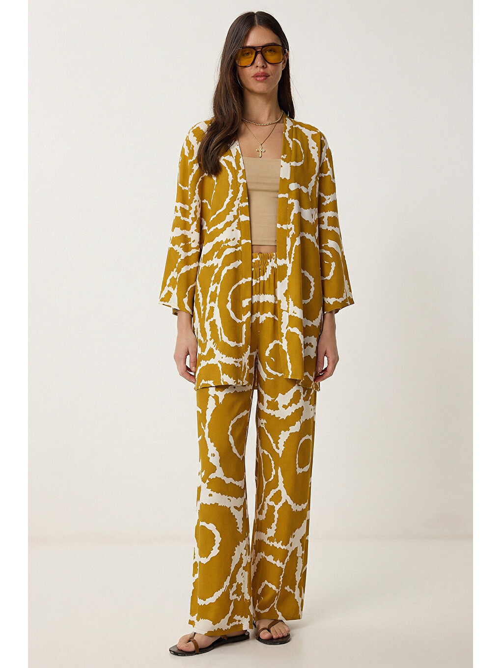 Lila Desenli Yazlık Viskon Kimono Pantolon Takım HARDAL KEMİK LRN0013-1