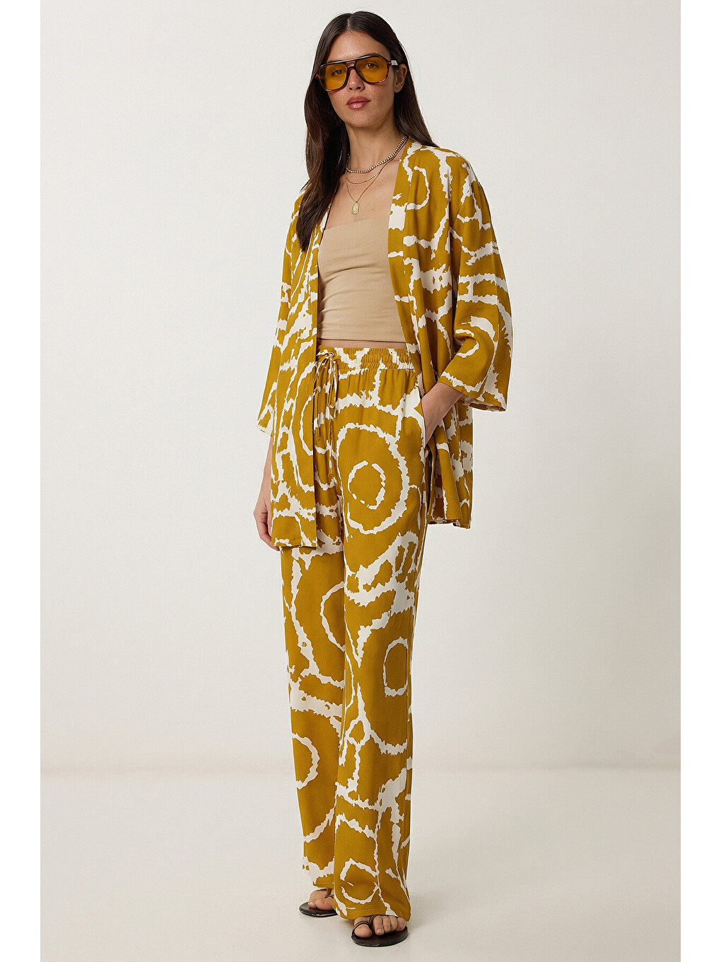 Lila Desenli Yazlık Viskon Kimono Pantolon Takım HARDAL KEMİK LRN0013-2