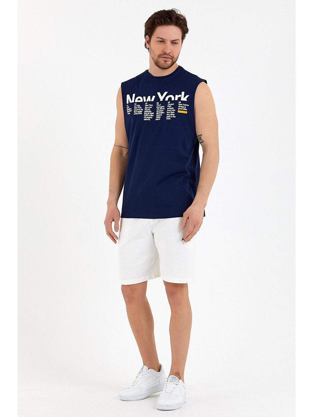 Lacivert Erkek Bisiklet Yaka Regular Fit New York Baskılı Kolsuz Tişört Spr22ts125